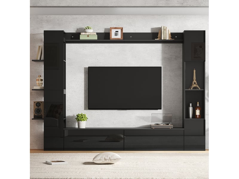 Meuble tv mural avec 2 portes abattantes, vitrines et étagères de rangement pour salon en mdf noir 245 × 30 × 170 cm - Conforama B