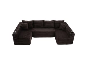 Canapé d'angle panoramique fixe <strong>MERAX</strong> <strong>canapé compressible</strong> 6 places Tissu marron