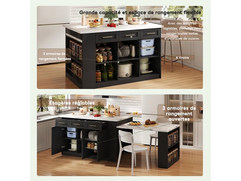  Îlot de cuisine multifonction noir avec table extensible 150cm  - Conforama D