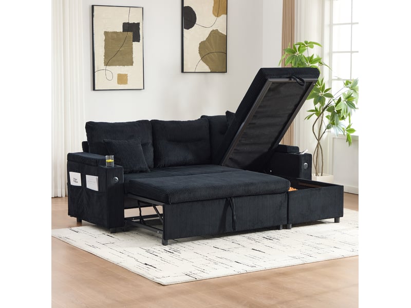  Canapé d'angle convertible 3 places avec coffre, lit tiroir, ports usb-c et porte-gobelets en velours côtelé noir  - Conforama D