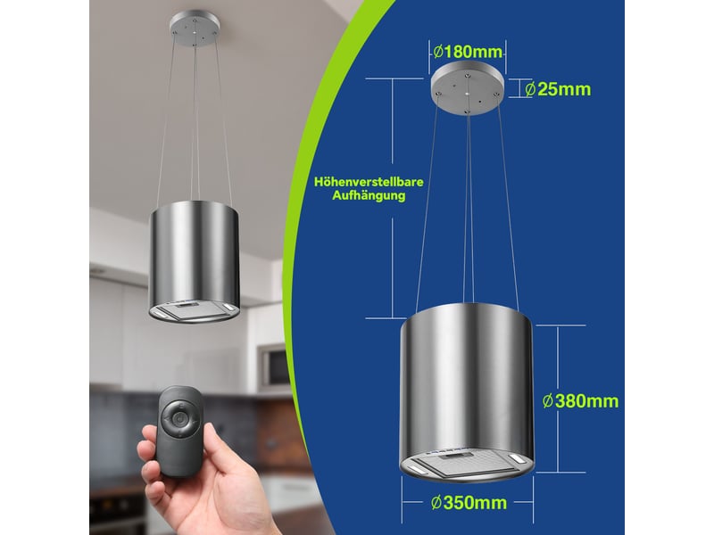  Hotte aspirante îlot à recyclage en inox 35 cm, hotte îlot 700 m³h, 3 vitesses, filtre à charbon actif et éclairage led  - Conforama C