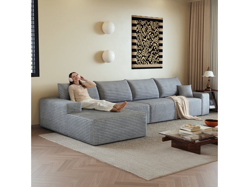 Canapé d'angle modulable 4 places en velours côtelé gris, 340 x 175 x 83 cm, méridienne gauche, sans montage, livré compressé, assise profonde CARDUME ESTIVAL - Conforama D