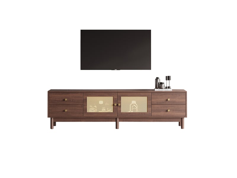  Meuble tv 180x35x44 cm marron en panneaux de particules, 4 tiroirs, portes en rotin et gestion des câbles  - Conforama A