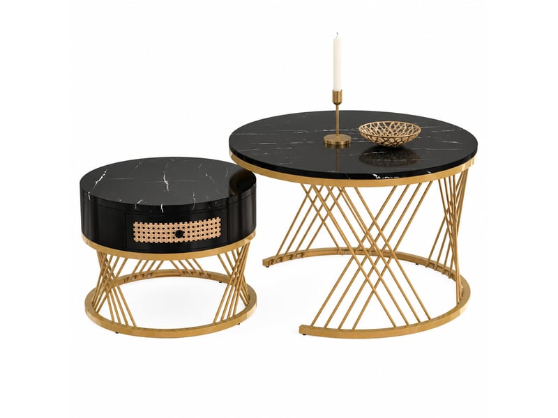  Tables basses gigognes avec tiroir pour salon en mdf 70×70×45,5 et 50×50×38,5 cm noir doré  - Conforama A