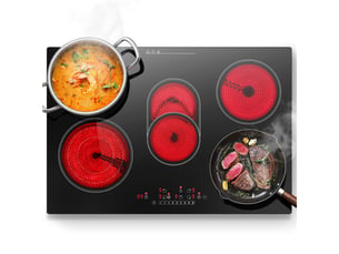 Plaque vitrocéramique 5 foyers, table de cuisson électrique encastrable 77 cm, 8500 w, zones ovale et triple, commande tactile
