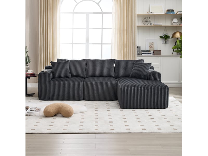  Canapé modulable 3 places avec méridienne en velours côtelé gris  - Conforama C