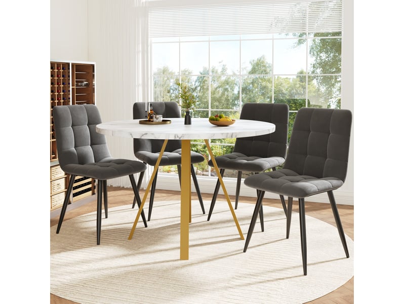 Table à manger ronde ø80 cm en mdf, pieds métal dorés, blanc effet marbre  - Conforama E