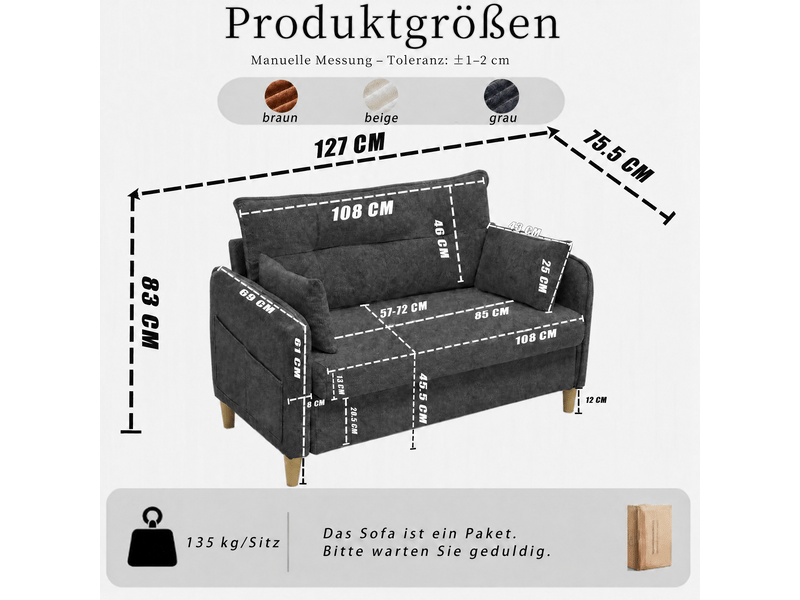  Canapé droit 2 places avec poches latérales et dossier ergonomique  - accoudoirs, chenille gris foncé  - Conforama D