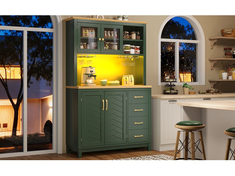  Armoire de cuisine, avec éclairage led, 105,5 x 40 x 180 cm, avec 4 portes, coloris vert et noir et blanc, pour maison et appartement  - Conforama E
