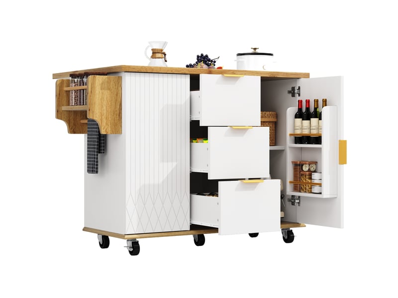  Desserte de cuisine à roulettes avec plateau rabattable et prises, blanc décor bois  - Conforama A