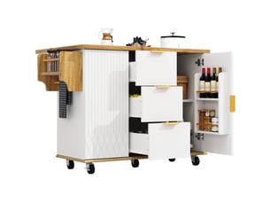 Desserte de cuisine à roulettes avec plateau rabattable et prises, blanc décor bois