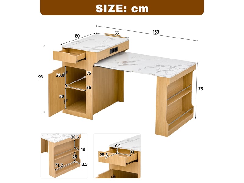  Ilot central de cuisine - 80x55x153cm - desserte extensible avec table, prises, étagères et roulettes - bois naturel  - Conforama E
