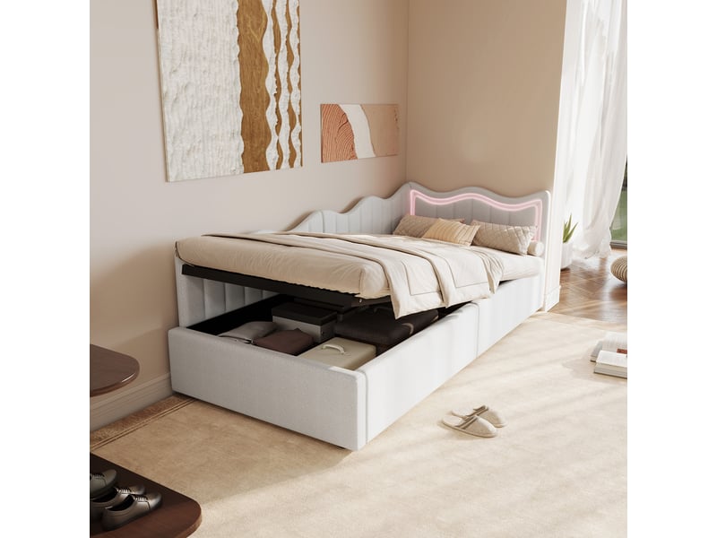  Lit enfant 90x200, tête de lit ondulée, mécanisme hydraulique, bande lumineuse led, tissu teddy blanc  - Conforama B