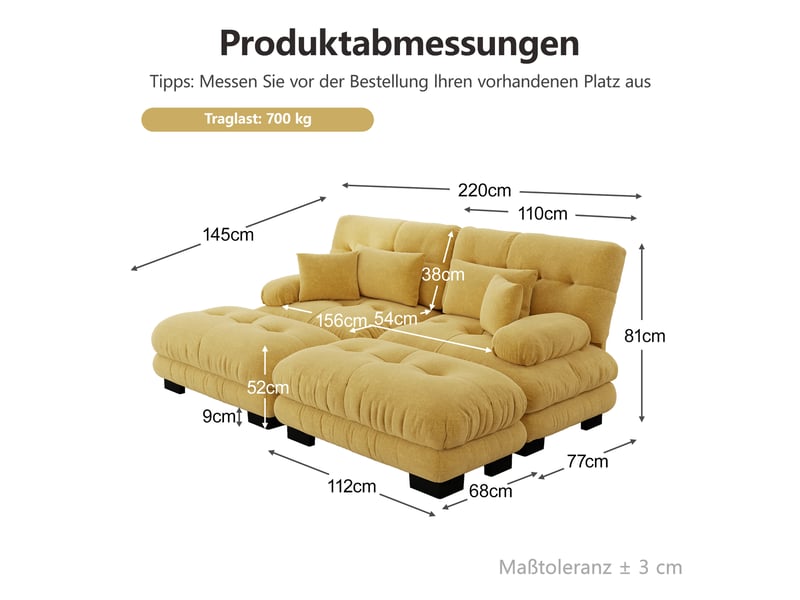  Canapé d'angle, canapé 2 places – coussins inclus, en chenille, larges accoudoirs, jaune, style cloud  - Conforama D
