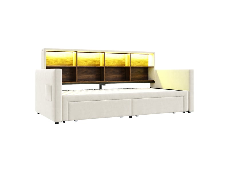 Lit canapé extensible velours beige 90/180x190 cm avec 2 tiroirs, led et usb - Conforama A