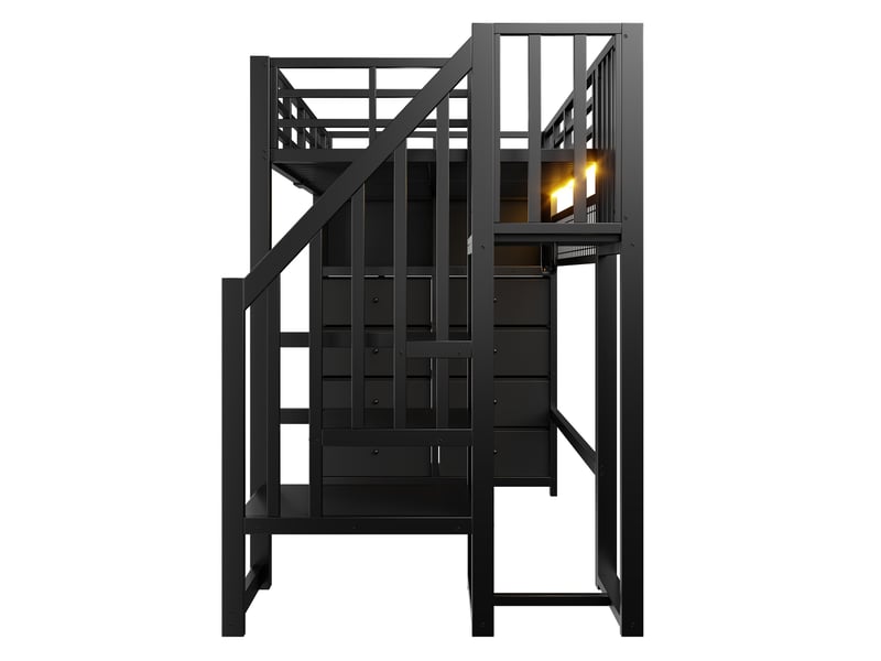 Lit mezzanine enfant 90 × 200 cm 1 place avec 8 tiroirs, led réglable et étagères, sans matelas, noir - Conforama E