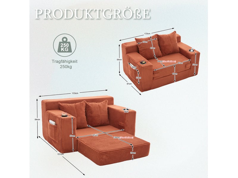  Canapé-lit 2 places 133x151x64 cm convertible orange sans matelas  - Conforama E