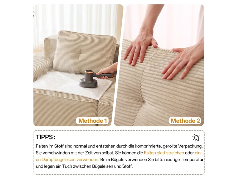  Canapé d'angle modulable 2 places en velours côtelé beige, sans montage, assise profonde, design sans cadre  - Conforama R