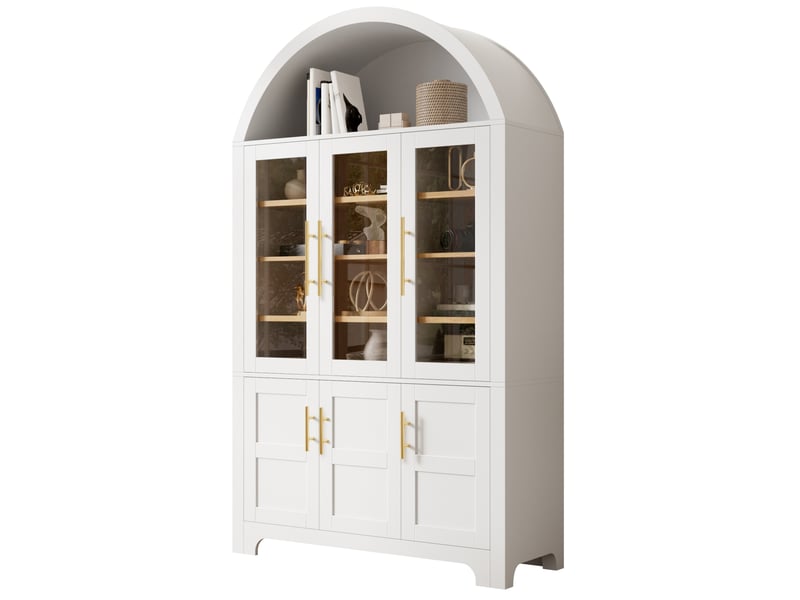  Buffet haut de rangement 110x40x185 cm, niche ouverte en arche, 3 portes vitrées, panneau de particules et mdf, blanc  - Conforama A