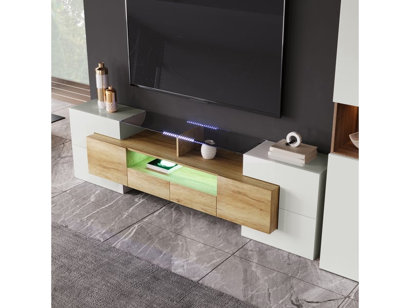  Meuble tv avec 6 portes, 2 tiroirs et led pour salon 200×35×60 cm en mdf blanc brillant décor bois  - Conforama C