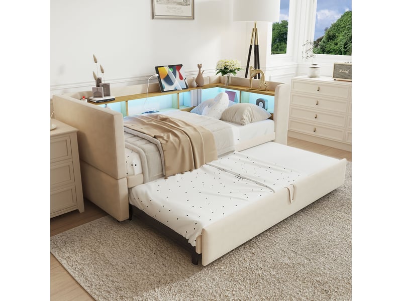  Canapé-lit escamotable 90x180x190cm avec leds, prises et rangements, en tissu beige, sans matelas.  - Conforama D