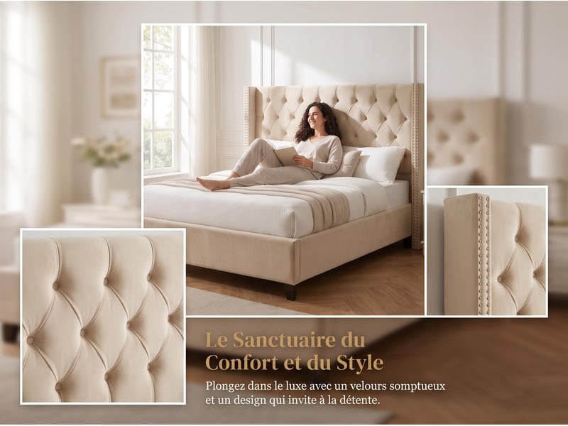  Lit 2 places 140×190 cm – lit coffre –  clous décoratifs – sommier à lattes – velours beige  - Conforama D