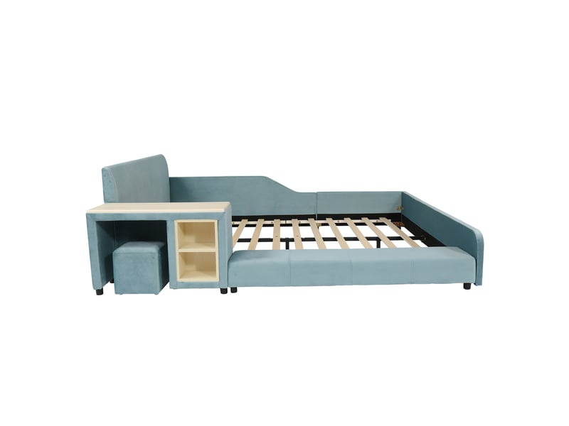  Lit capitonné, lit simple avec bureau et tabouret pour enfant, étagère de rangement, tête de lit rembourrée, sommier à lattes en bois, velours, bleu, 140 x 200 cm  - Conforama E