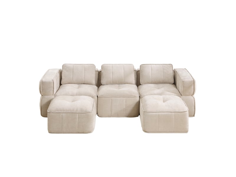  Canapé modulable en u 3 places avec 2 poufs, en polyester beige  - Conforama A