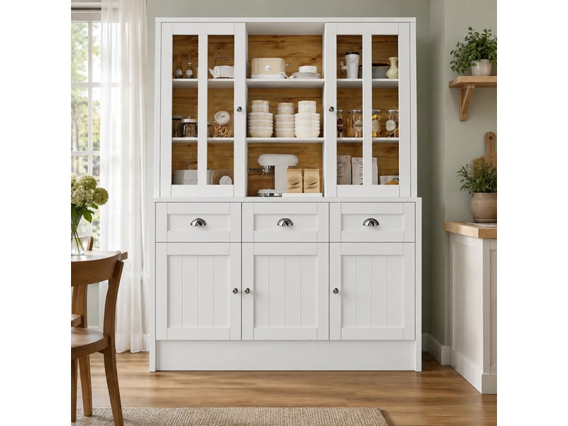  Vaisselier haut 140 x 38,5 x 175 cm avec 3 tiroirs et 5 portes, blanc  - Conforama B