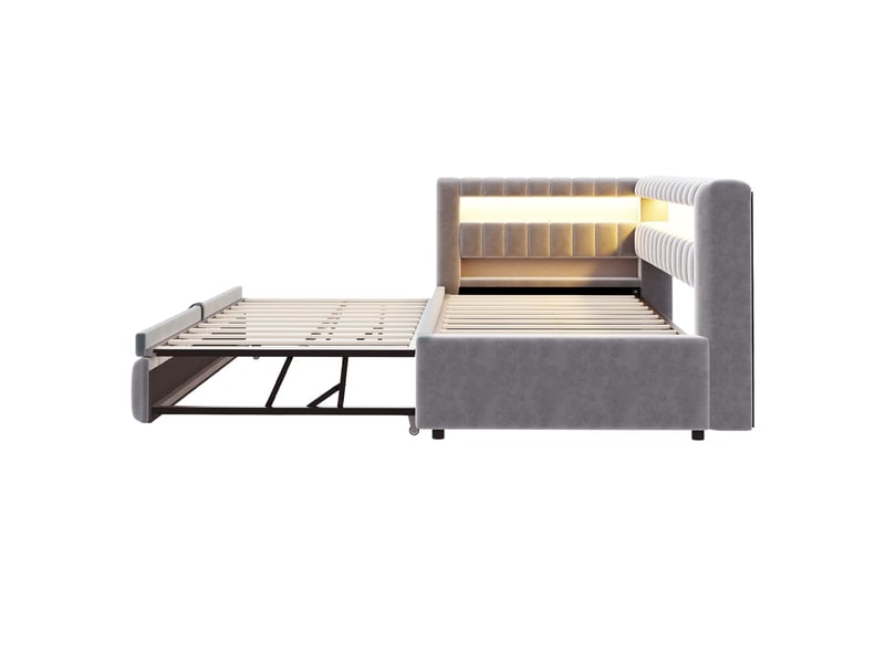  Lit extensible 90 × 200 cm led, usb et usb-c en velours - gris clair C-CRAFTLINK - Conforama D