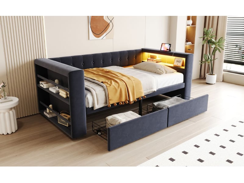  Lit une personne 90x190 cm, lit rembourré gris foncé multifonctionnel, rangement intégré, tiroirs spacieux, éclairage led, prise  - Conforama B