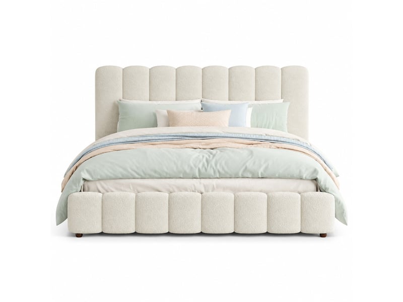  Lit coffre double 180x200 cm avec sommier à lattes et tête de lit bouclette blanche  - Conforama A