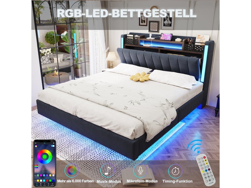  Lit coffre 140x200 cm avec led, prise usb, tête de lit avec rangement, effet suspendu, tissu lin, gris OMNIGLINT TRADING LTD - Conforama E