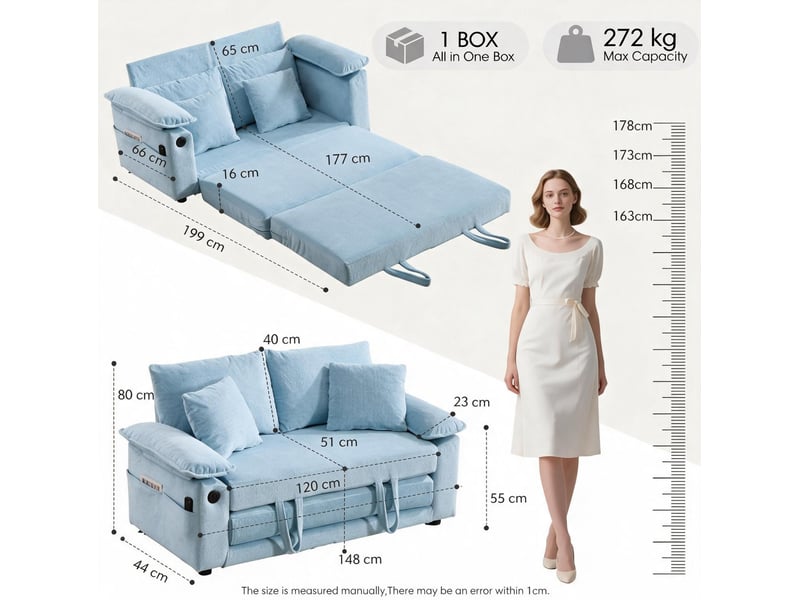 Canapé convertible 3 en 1 deux places avec couchage dépliant et poches latérales en chenille bleu - Conforama C