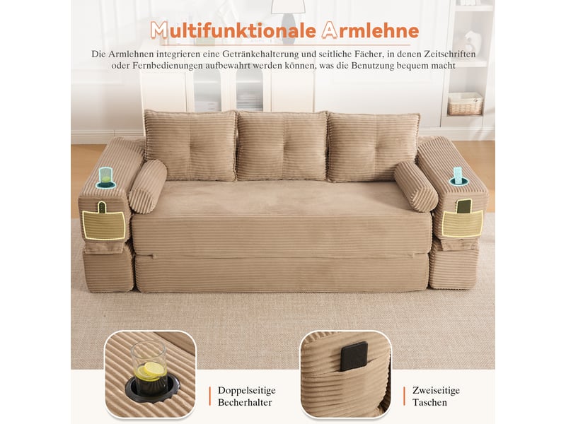 Canapé convertible 3 places en velours côtelé kaki avec porte-gobelet et poches latérales pratiques - Conforama E