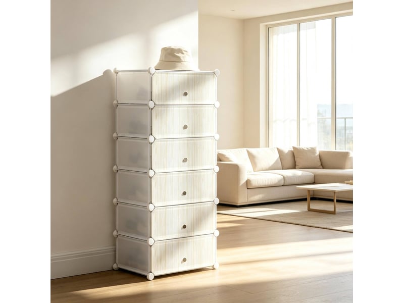 Meuble de rangement modulable avec 6 niches et portes à anneau métallique, anti-basculement, pour chambre, blanc - Conforama C