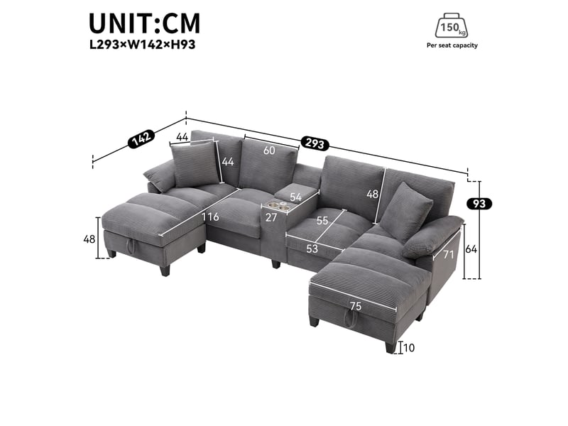 Canapé panoramique en u 4 places 293x142 cm – gris – rangement, usb et porte-gobelets en acier inoxydable - Conforama C