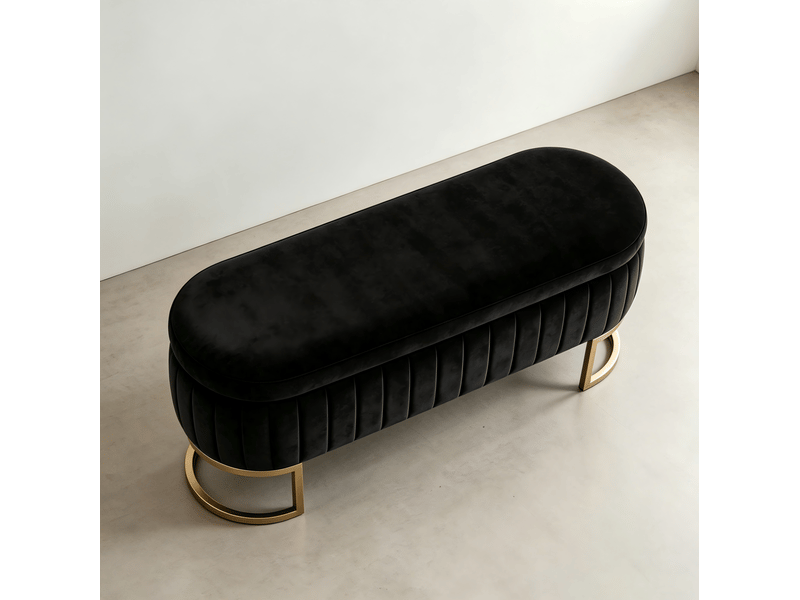  Banc coffre tcqpz en velours noir 129,5 x 42 x 46 cm rangement intérieur pieds métal doré  - Conforama E