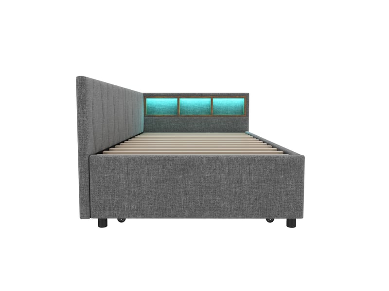  Lit gigogne 90x200 banquette lit en lin gris avec rangement, port usb et éclairage led  - Conforama E