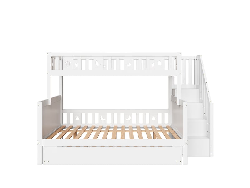  Lit superposé enfant 90x200 cm + 140x200 cm avec gigogne et rangements, mdf et pin, blanc, sans matelas  - Conforama D