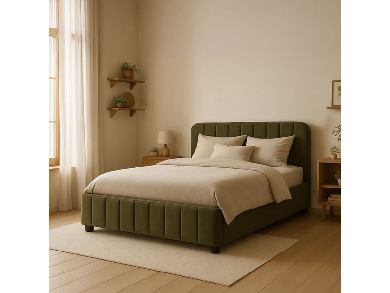  Lit coffre en velours avec tête de lit rembourrée kaki 160x200  - Conforama B