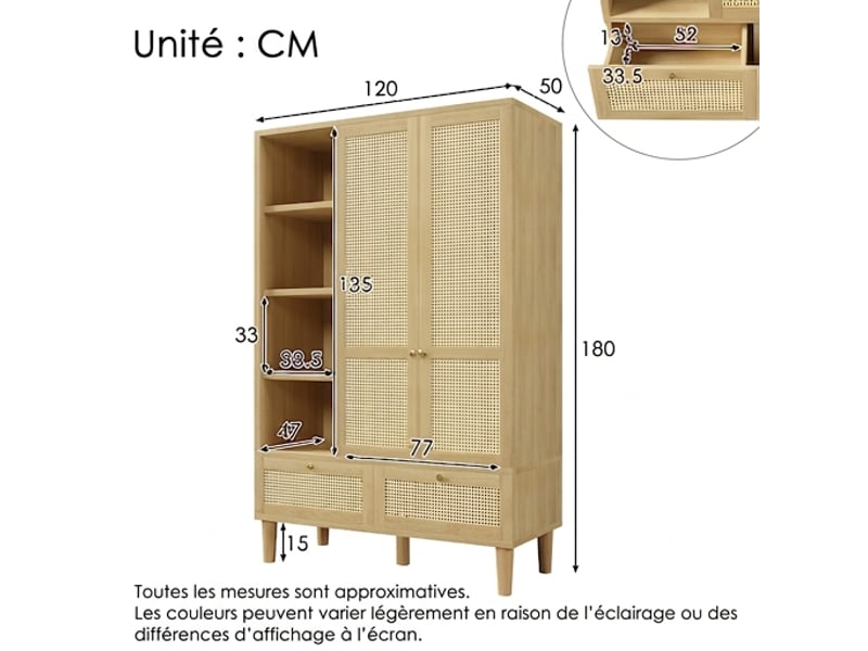  Armoire penderie 2 portes en rotin tressé style campagne, chêne avec étagères ouvertes, 180x120x50 cm  - Conforama C