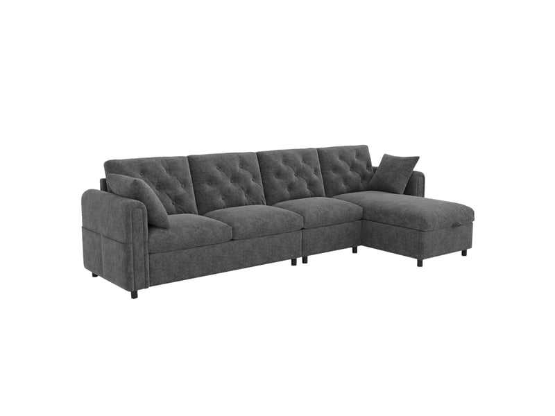 Canapé d'angle convertible 281x132 cm, méridienne réversible gauchedroite avec rangement intégré, tissu polyester effet flanelle gris OMNIGLINT TRADING LTD - Conforama A