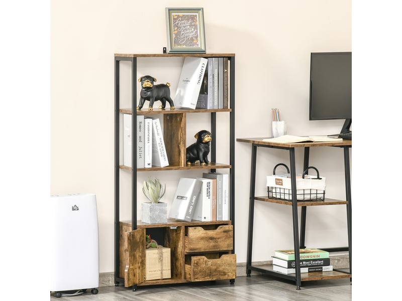  Bibliothèque de style industriel avec armoire et 2 tiroirs pour livres et rangement, 58 x 24 x 122 cm, marron rustique  - Conforama D