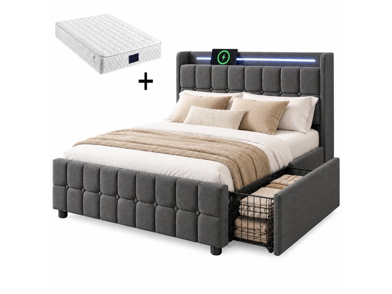  Lit simple rembourré 90 x 200 cm, tête de lit led, 2 usb + 2 prises, 2 tiroirs, sommier à lattes, matelas h3 inclus, gris  - Conforama A