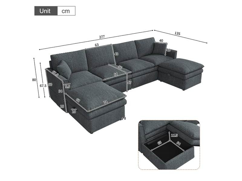  Canapé en u modulable 6 places avec rangement  - 2 poufs usb, coton-lin gris, 277 × 135 × 80 cm  - Conforama D
