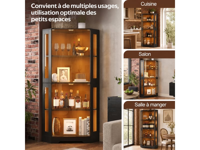 Vitrine haute avec éclairage led, 4 portes en verre trempé, 60 x 60 x 165 cm, noir  - Conforama B