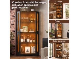 Vitrine haute avec éclairage led, 4 portes en verre trempé, 60 x 60 x 165 cm, noir