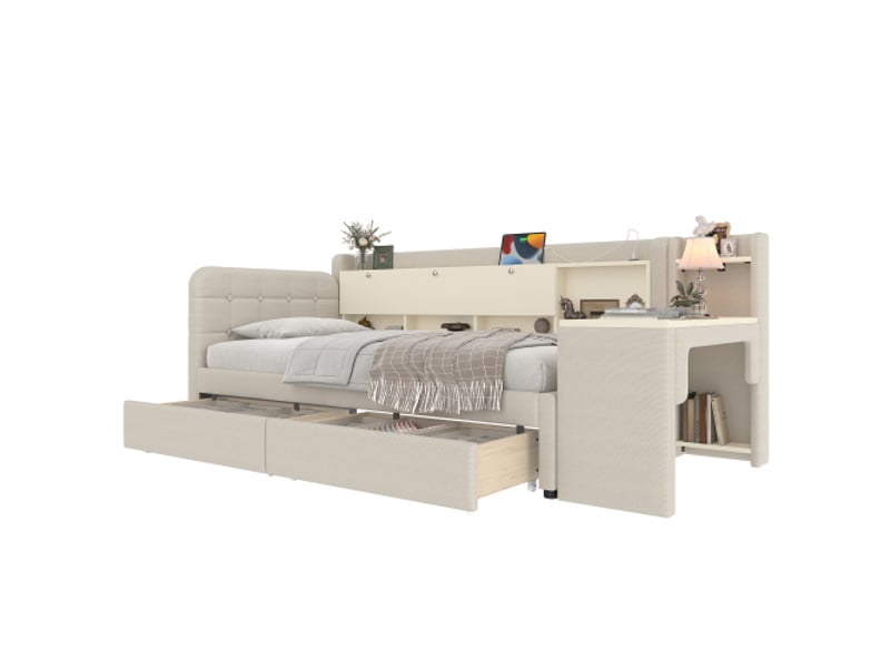  Canapé-lit 90x200 cm beige en lin, bureau intégré, 2 tiroirs, usb-c, rangement basculant  - Conforama A