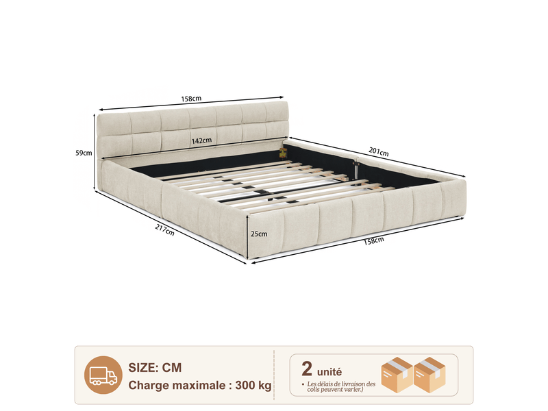  Bubble bed 140x200 cm, lit double rembourré 140x200 cm - cadre de lit - lit en chenille - sommier à lattes - capacité de charge 300 kg - chenille - beige  - Conforama C